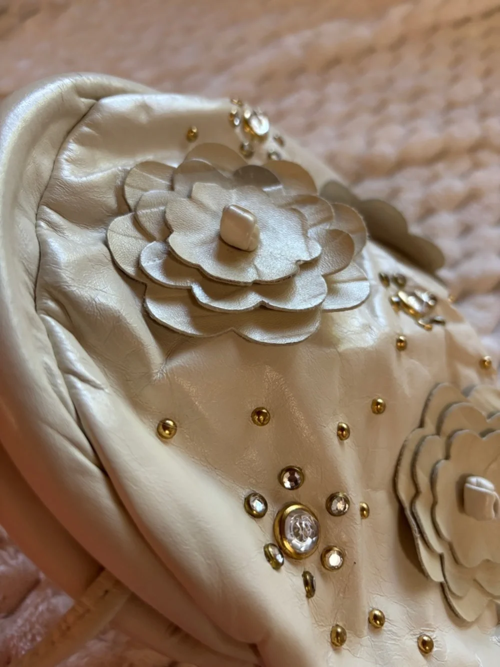 Atalla New York Cream Leather Floral Studded Clutch-Shoulder Bag